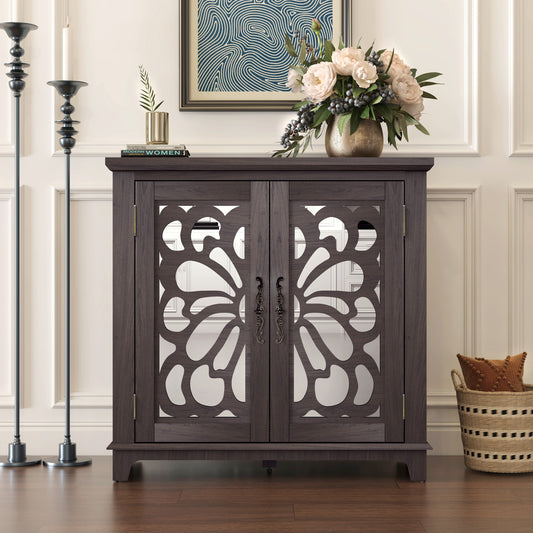 Elegant sideboard with 2 acrylic mirrored doors Sideboard and Buffet with Storage, Hollow-Carved Accent Cabinet brown laminates and MDF substrate, spacious space adjustable shelf, living room, kitchen