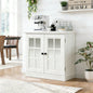 Storage sideboard cabinet with 2 decorative acrylic mirrored doors, adjustable shelf for dining room, living room, kitchen, metal handles, MDF white 3D wood grain finish