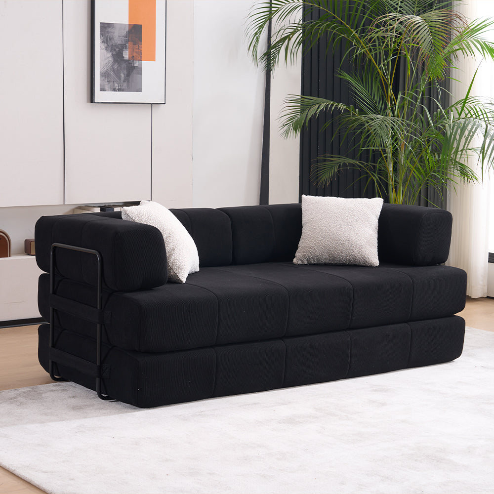Black Corduroy Folding Sofa Bed - 3 Seat Convertible Couch for Living Room