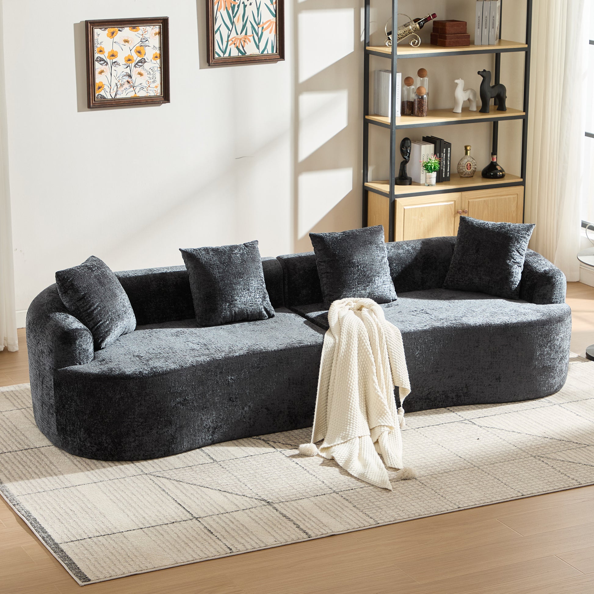 Black Chenille Loveseat Sofa with Memory Foam for Living Room