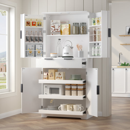72" Fluted Kitchen Pantry Cabinet with 3 Keyboard Drawers & 6 Door Shelves Adjustable, Freestanding Cupboard Storage Cabinet for Bathroom, Diningroom, Office, Entryway, White