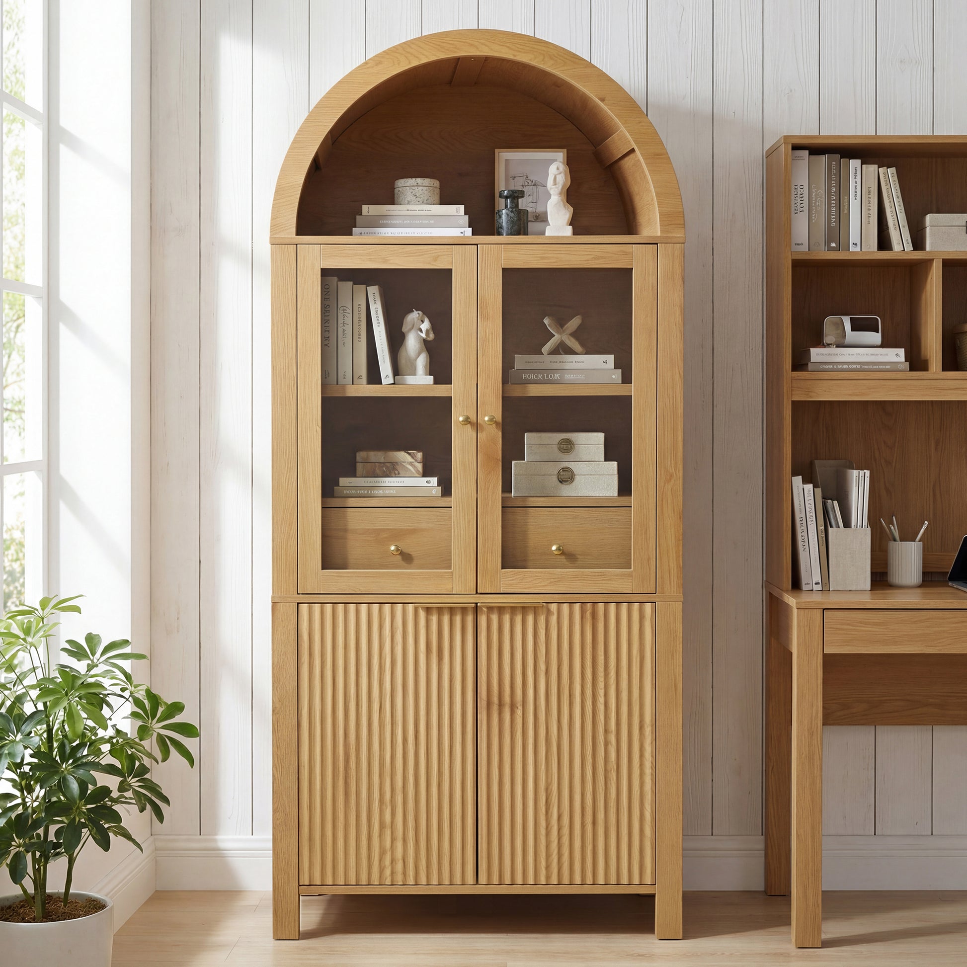 71" Fluted Tall Arched Pantry Cabinet with Adjustable Shelves, Elegant Display Storage with Hidden Drawer & Glass Door for Kitchen, Living Room, Dining Room, Oak