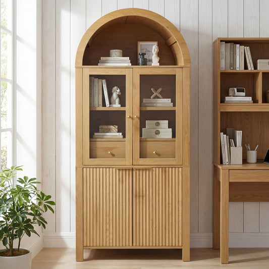 71" Fluted Tall Arched Pantry Cabinet with Adjustable Shelves, Elegant Display Storage with Hidden Drawer & Glass Door for Kitchen, Living Room, Dining Room, Oak