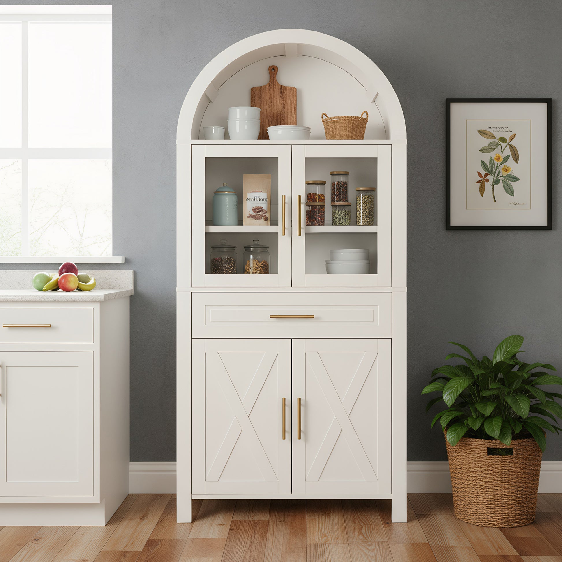 71" Tall Arched Kitchen Pantry Cabinet with Glass Door, Farmhouse Storage Pantry Cabinet with Adjustable Shelves & Barn Door Design for Kitchen, Living & Dining Room, White