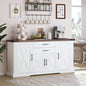 63" Farmhouse Barn Door Storage Cabinet with 2 Drawers & Door Rack, Large Buffet Table Coffee Bar Cabinets with Adjustable Shelves for Kitchen, Living Room, Entryway, Dining Room, White