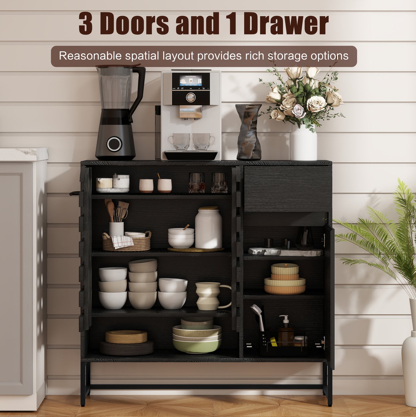 Black Woven Buffet Cabinet - 44.4" Storage Sideboard with Adjustable Shelves