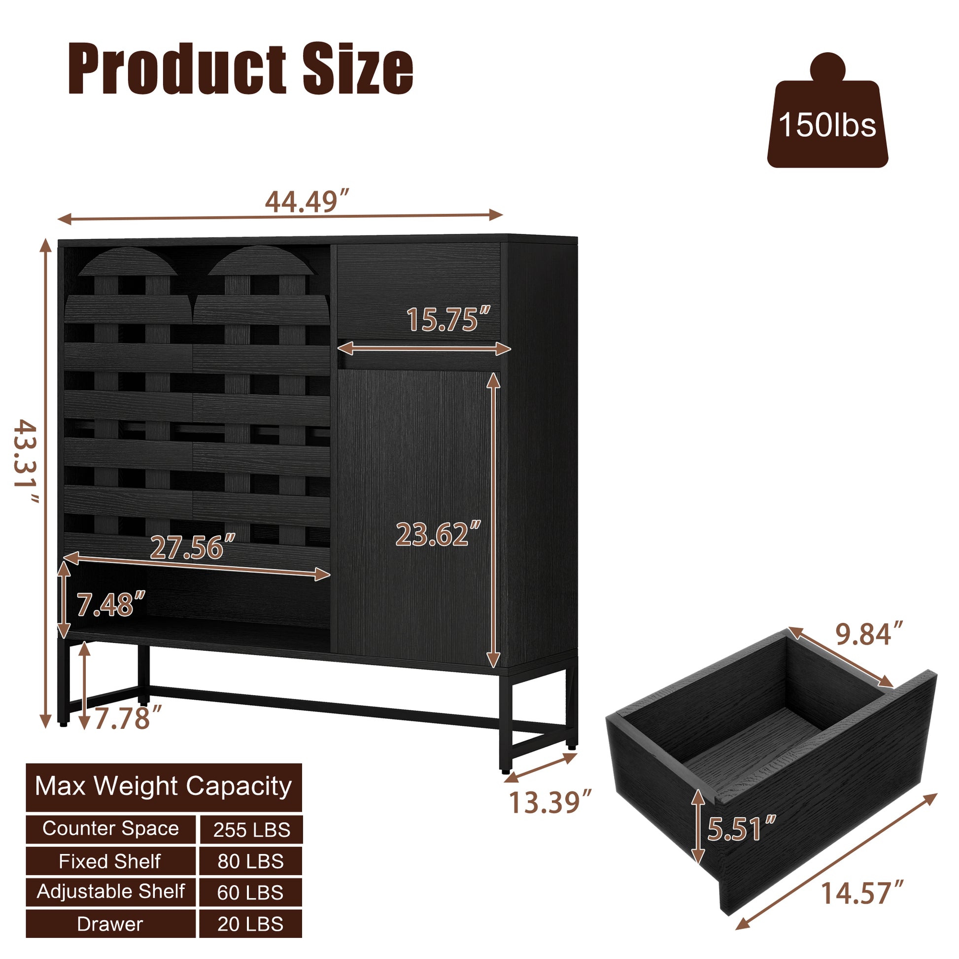 Black Woven Buffet Cabinet - 44.4" Storage Sideboard with Adjustable Shelves