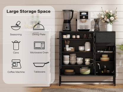 Black Woven Buffet Cabinet - 44.4" Storage Sideboard with Adjustable Shelves