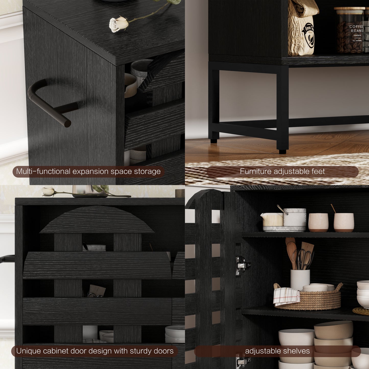 Black Woven Buffet Cabinet - 44.4" Storage Sideboard with Adjustable Shelves