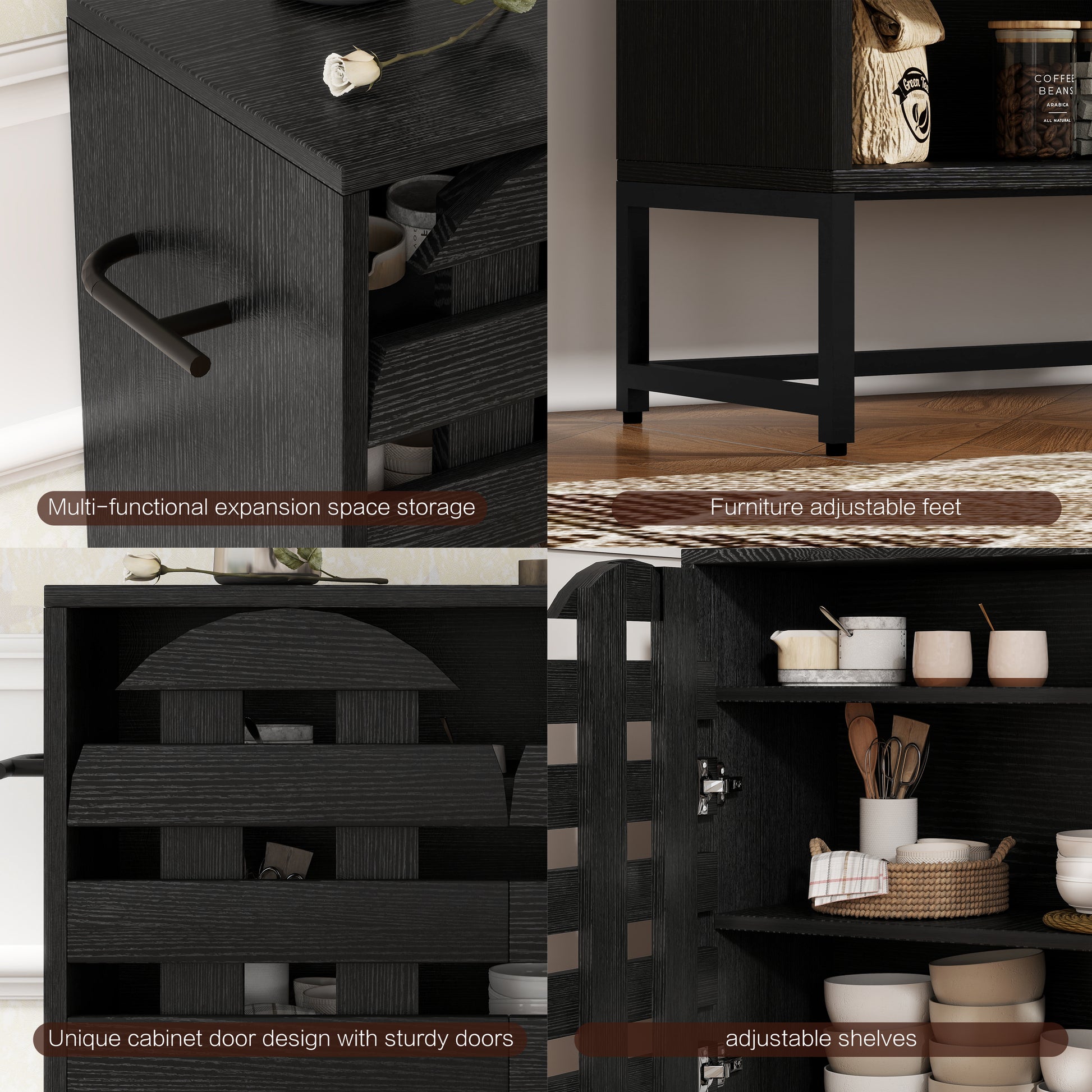 Black Woven Buffet Cabinet - 44.4" Storage Sideboard with Adjustable Shelves