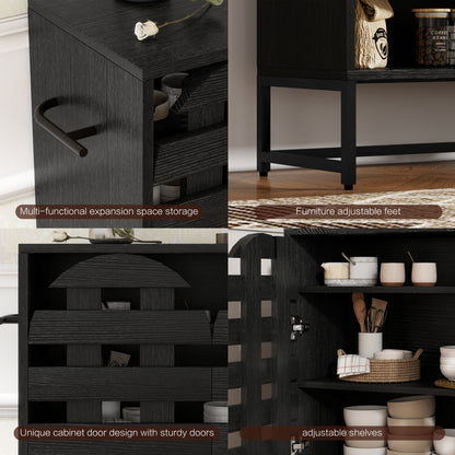 Black Woven Buffet Cabinet - 44.4" Storage Sideboard with Adjustable Shelves