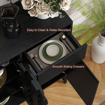 Black Woven Buffet Cabinet - 44.4" Storage Sideboard with Adjustable Shelves
