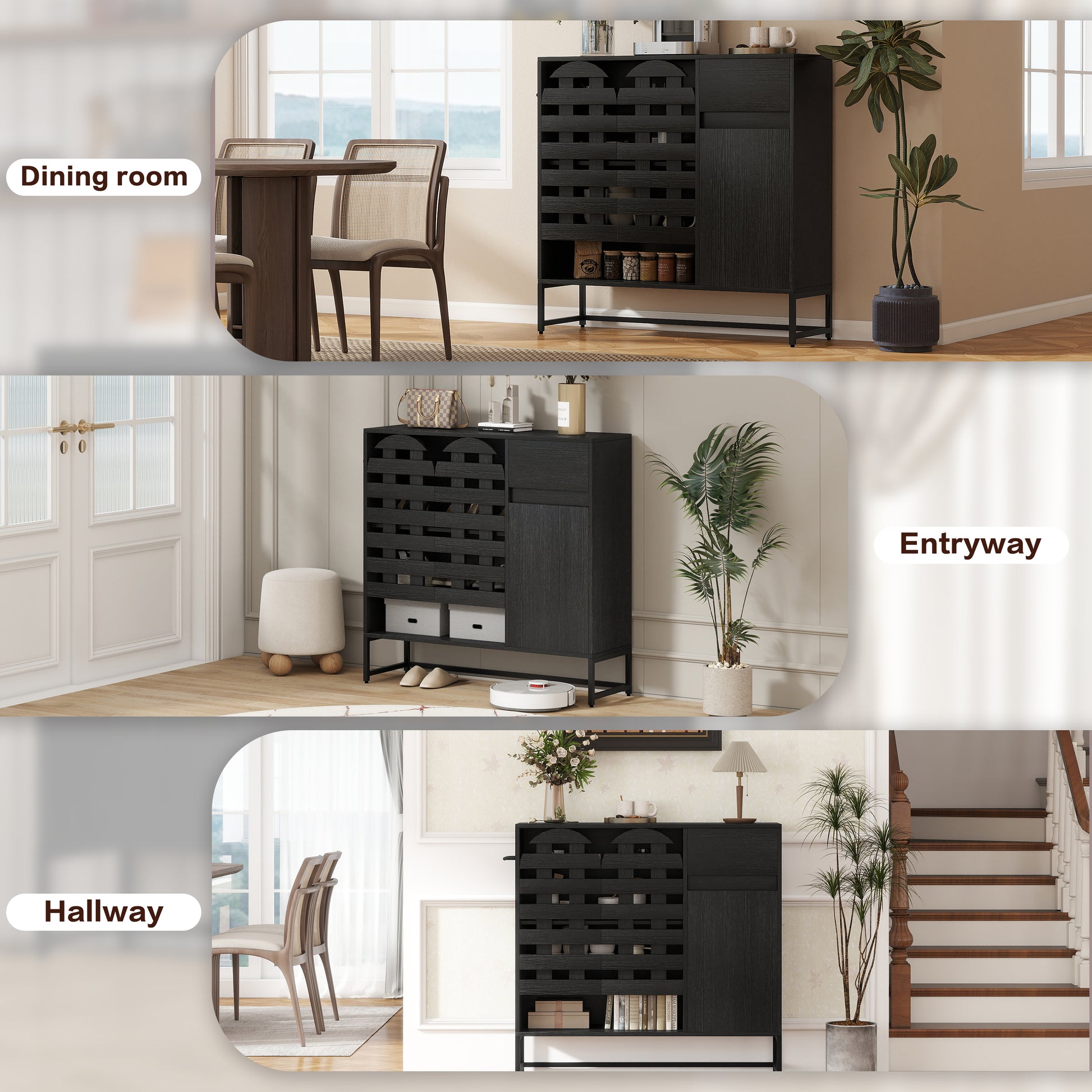 Black Woven Buffet Cabinet - 44.4" Storage Sideboard with Adjustable Shelves