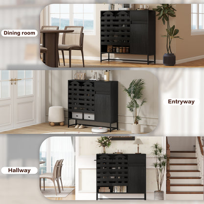 Black Woven Buffet Cabinet - 44.4" Storage Sideboard with Adjustable Shelves