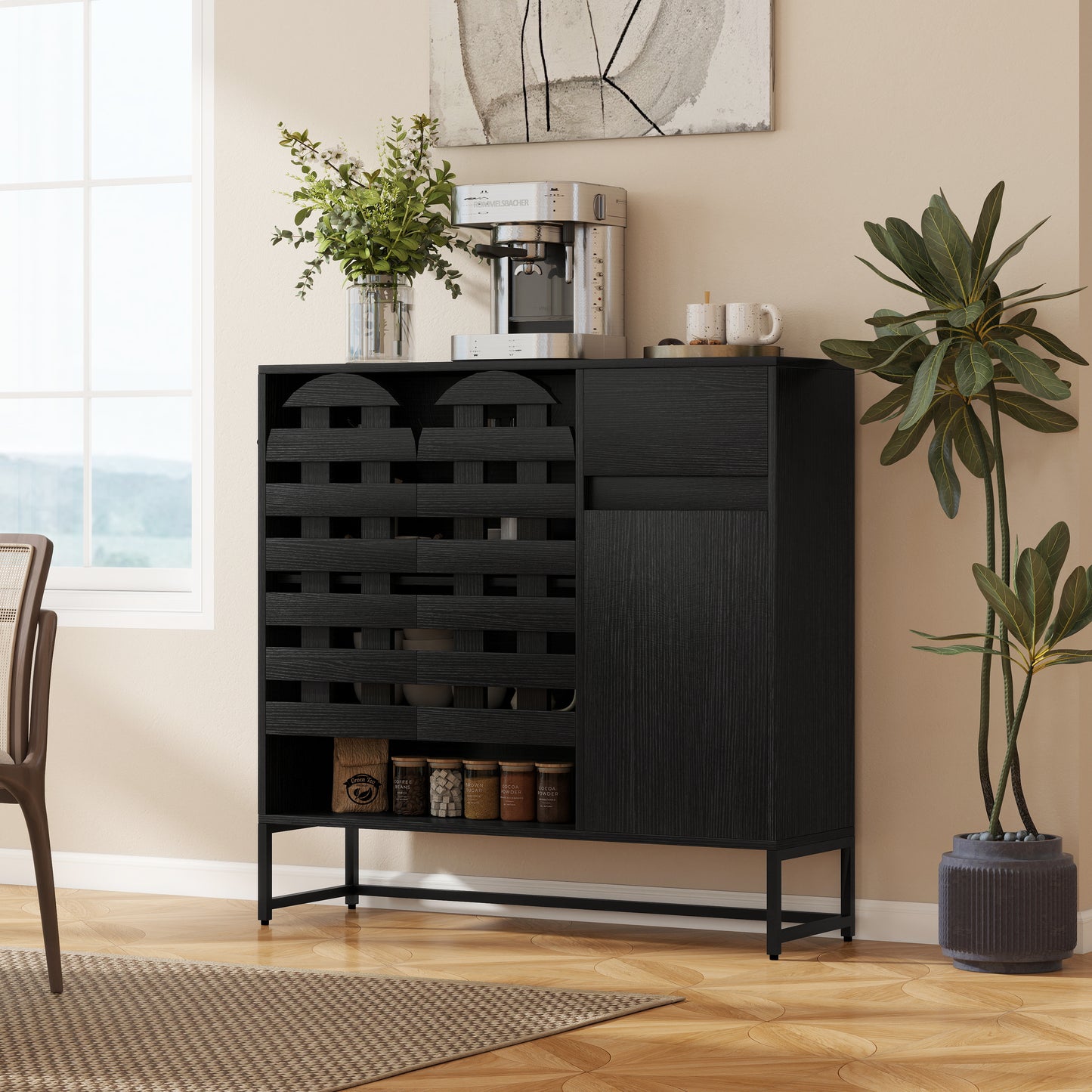 Black Woven Buffet Cabinet - 44.4" Storage Sideboard with Adjustable Shelves