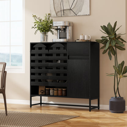 Black Woven Buffet Cabinet - 44.4" Storage Sideboard with Adjustable Shelves