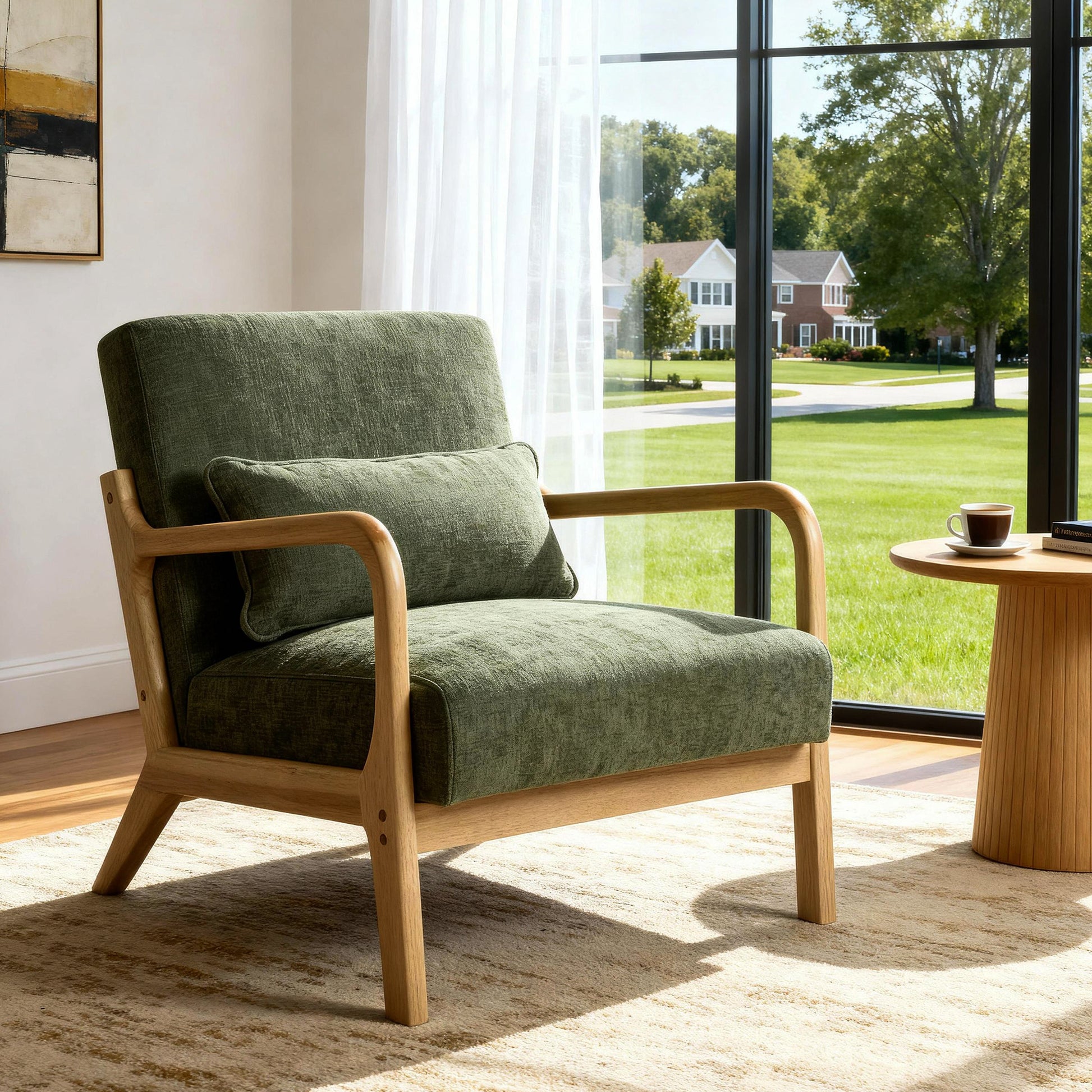 Mid Century Modern Armchair, Accent Chair with Solid Wood Frame and Detachable Lumbar Pillow for Living Room, Bedroom, Office(Army Green)