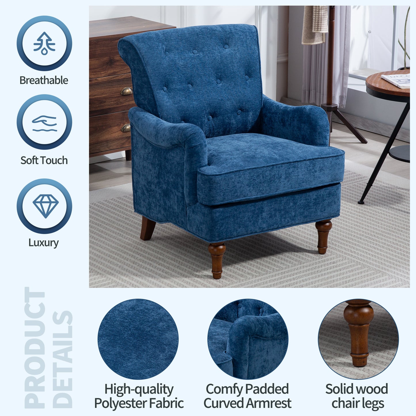 Blue Accent Chair - Comfy Chenille Fabric, Retro Wooden Legs for Living Room