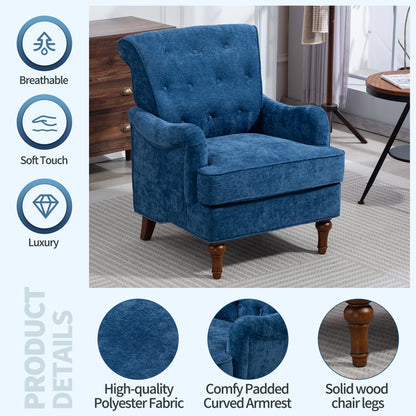 Blue Accent Chair - Comfy Chenille Fabric, Retro Wooden Legs for Living Room