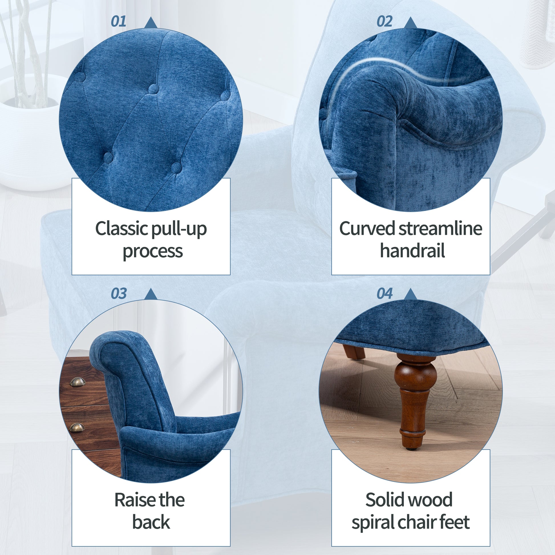 Blue Accent Chair - Comfy Chenille Fabric, Retro Wooden Legs for Living Room