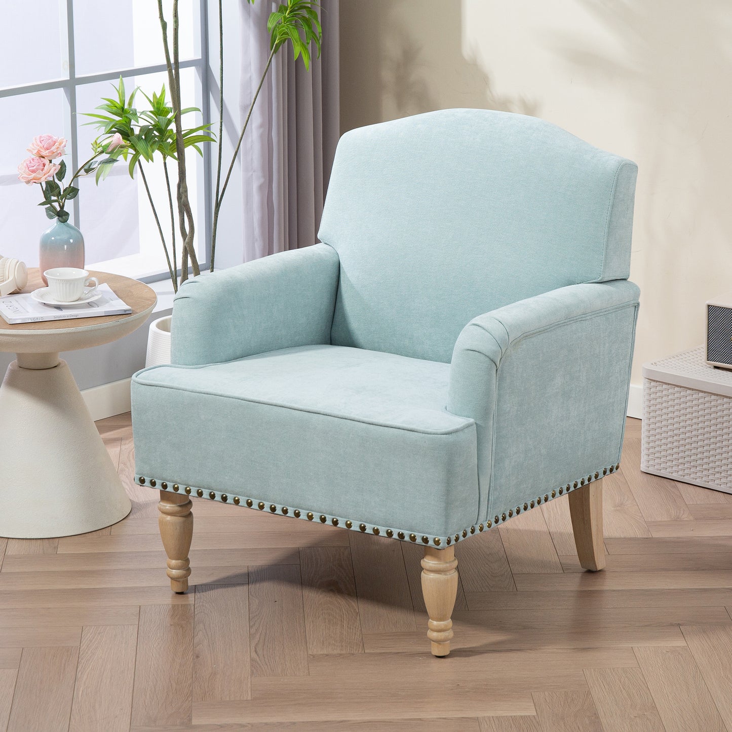 Modern Accent Chair with Retro Wooden Legs & Nailhead Trim, Small Fabric Club Chair, Comfy Upholstered Armchair Lounge Chair for Bedroom Living Room Single Sofa,Holds 300lbs(Sage)