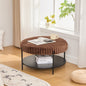 30.9"Wide Upholstered Round Ottoman Coffee Table Foot Rest with Black Metal Legs, Footstool with Wooden Open Storage Shelf,Faux Fur Footstool for Living Room Bedroom Entryway Hotel. Brown