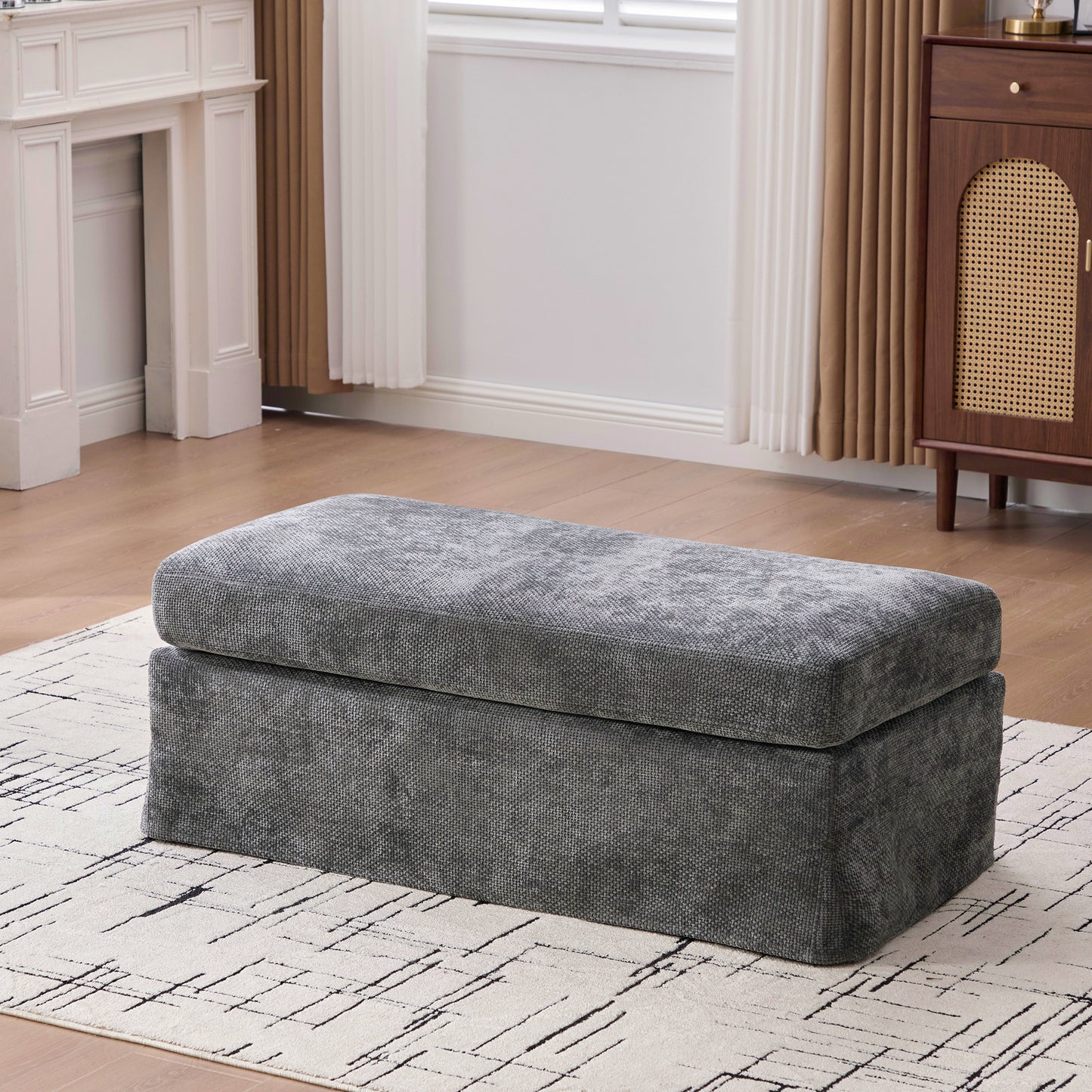 46" Wide Modern Upholstered Chenille Ottoman, Foot Stool Square Footrest with Black Metal Legs for Living Room Bedroom Entryway and Office, Charcoal