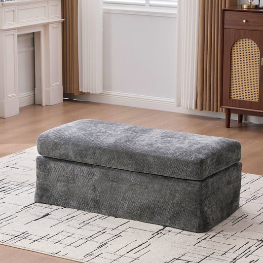 46" Wide Modern Upholstered Chenille Ottoman, Foot Stool Square Footrest with Black Metal Legs for Living Room Bedroom Entryway and Office, Charcoal