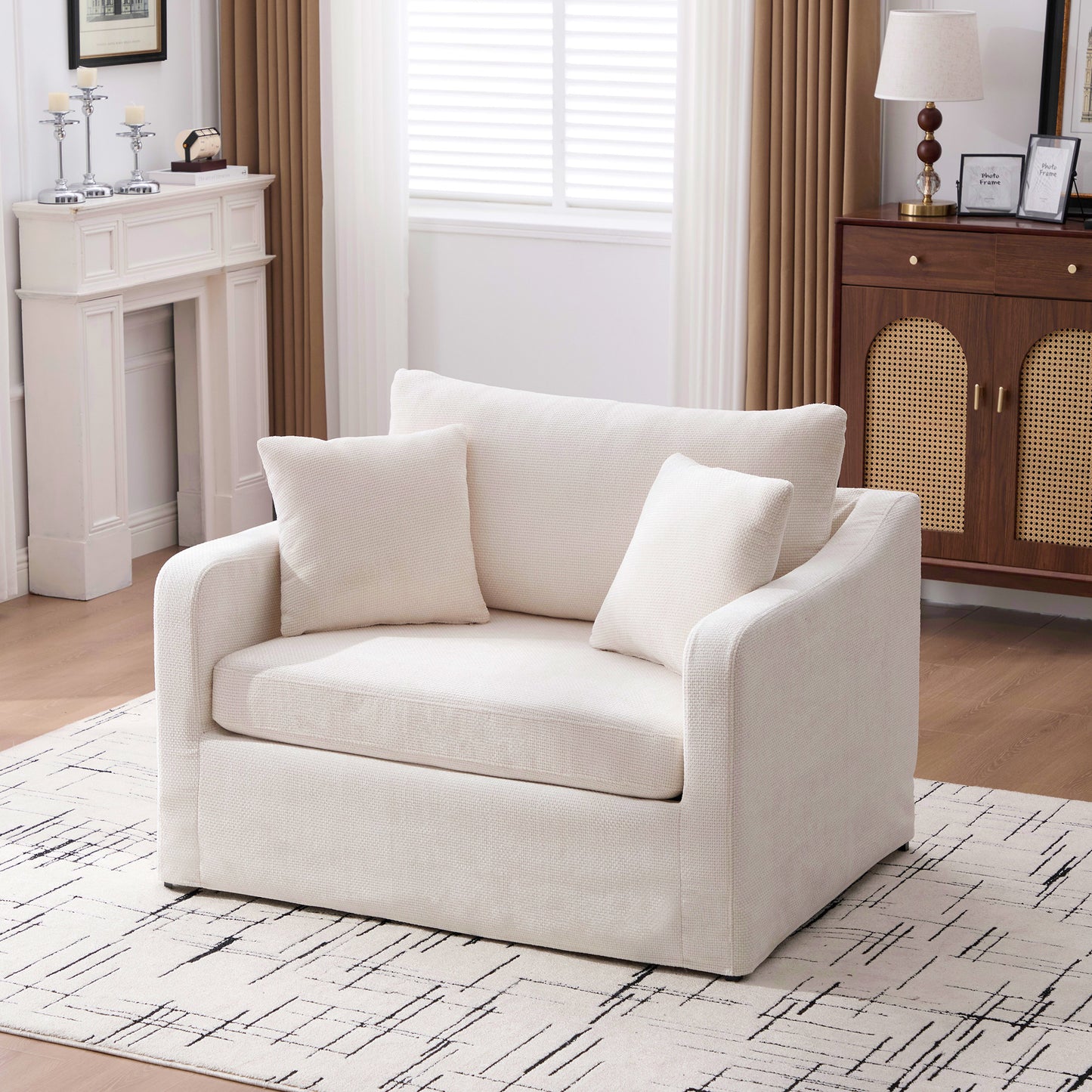 43.9" Wide Modern Upholstered Farmhouse Performance Accent Chair with Black Metal Legs,  Chenille Reading Armchair Single Sofa with Two Bolster Pillows for Living Room offices and Lounge, Beige