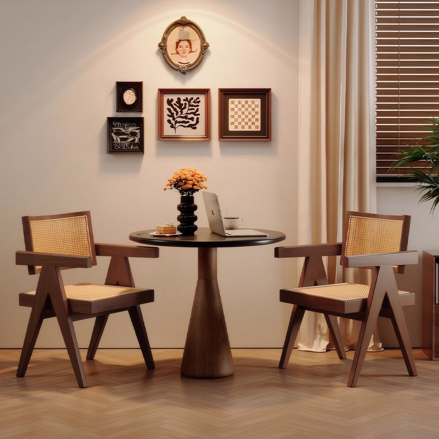 Modern Mid Century Dining Chairs Set of 2, Rattan Accent Chairs, Comfy Armchairs, Outdoor Wood Chairs with Armrest for Bedroom Living Room Reading Room Dining Kitchen, Brown