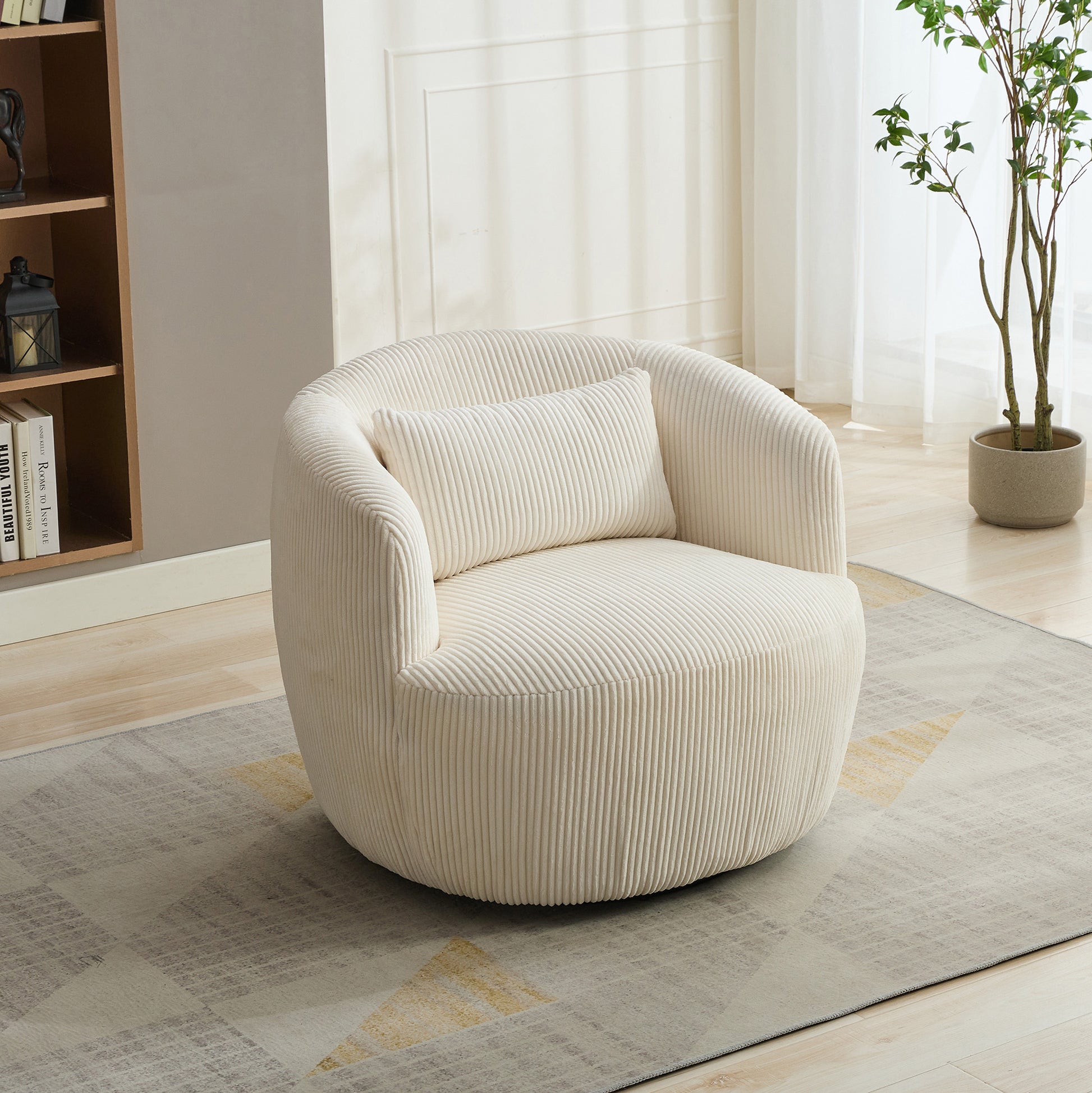 34.25 "Wide Upholstered Corduroy 360° Swivel Barrel Soft Accent Chair with Pillow, Circular Reading Armchair for Club, Living Room, Bedroom, Office, Lounge, Ivory.