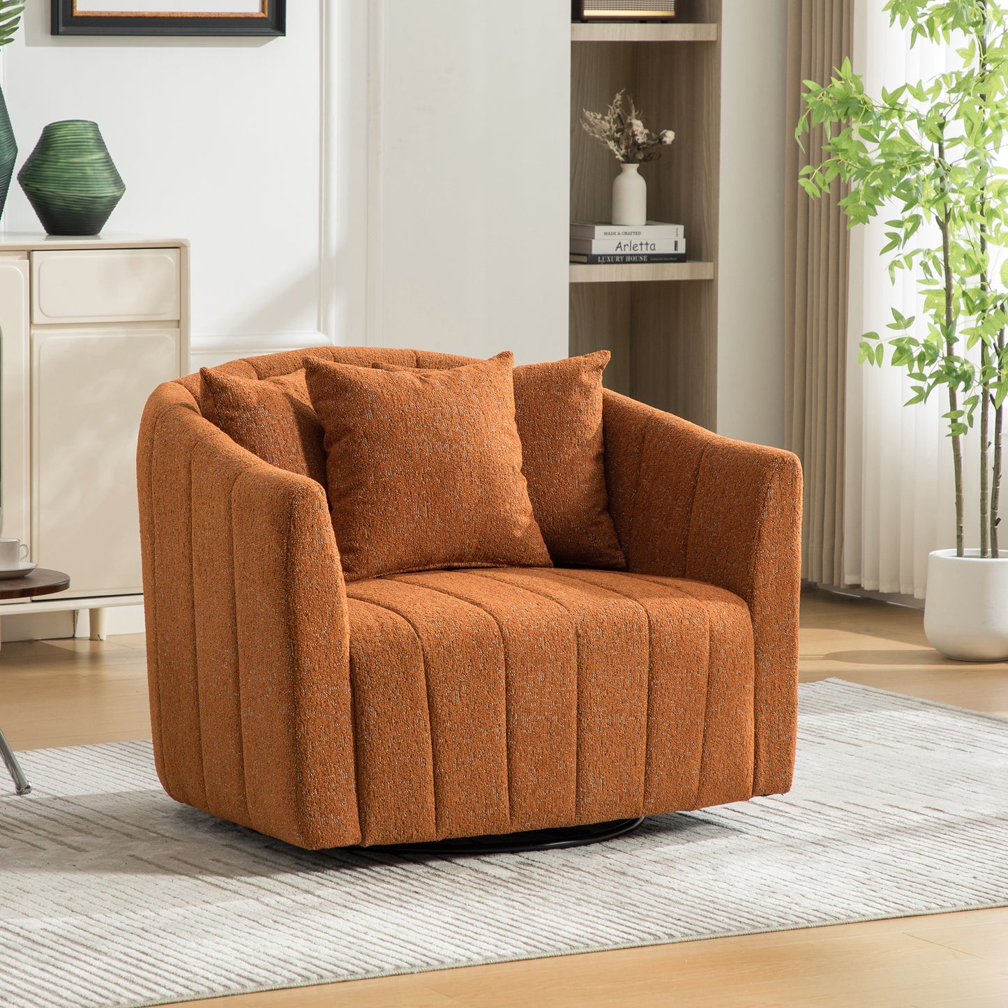 39"W Upholstered Oversized 360° Swivel Accent Barrel Chair and Half Cozy Sofa with 3 Pillows, Chenille Channel Tufted Pumpkin-Shape Club Armchair for Living Room, Bedroom, Office, Lounge,Orange