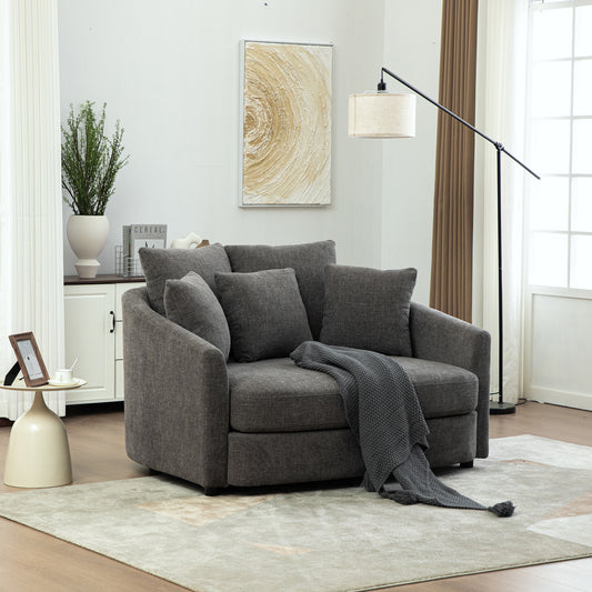 56.3'' Wide Upholstered Round Accent Cuddle Chaise with Pillows, Cozy Oversized Slipcovered Barrel Lounger Chair with Deep Seat Reading Armchair for Club, Living Room, Bedroom, Office, Lounge, Gray