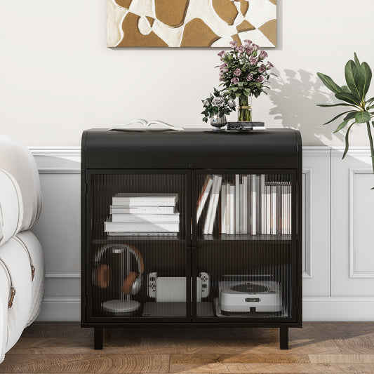Modern Sideboard Buffet Cabinet with Tempered Figured Glass Doors, Flip Top, Inner Shelves, Metal Frame Storage Console for Dining Room, Kitchen, Living Room & Entryway (Black)