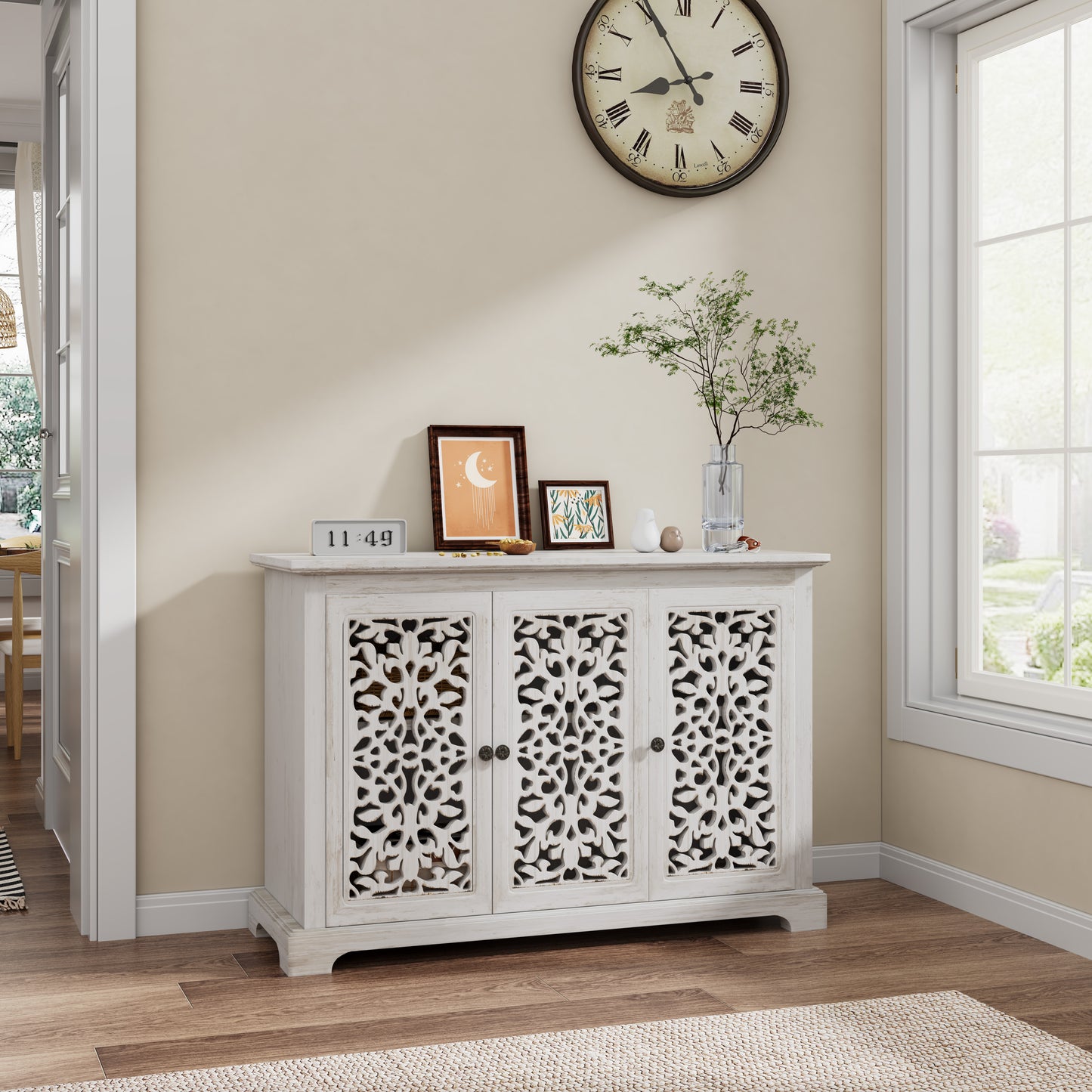 Antique White Solid Wood Storage Cabinet for Kitchen Dining Room