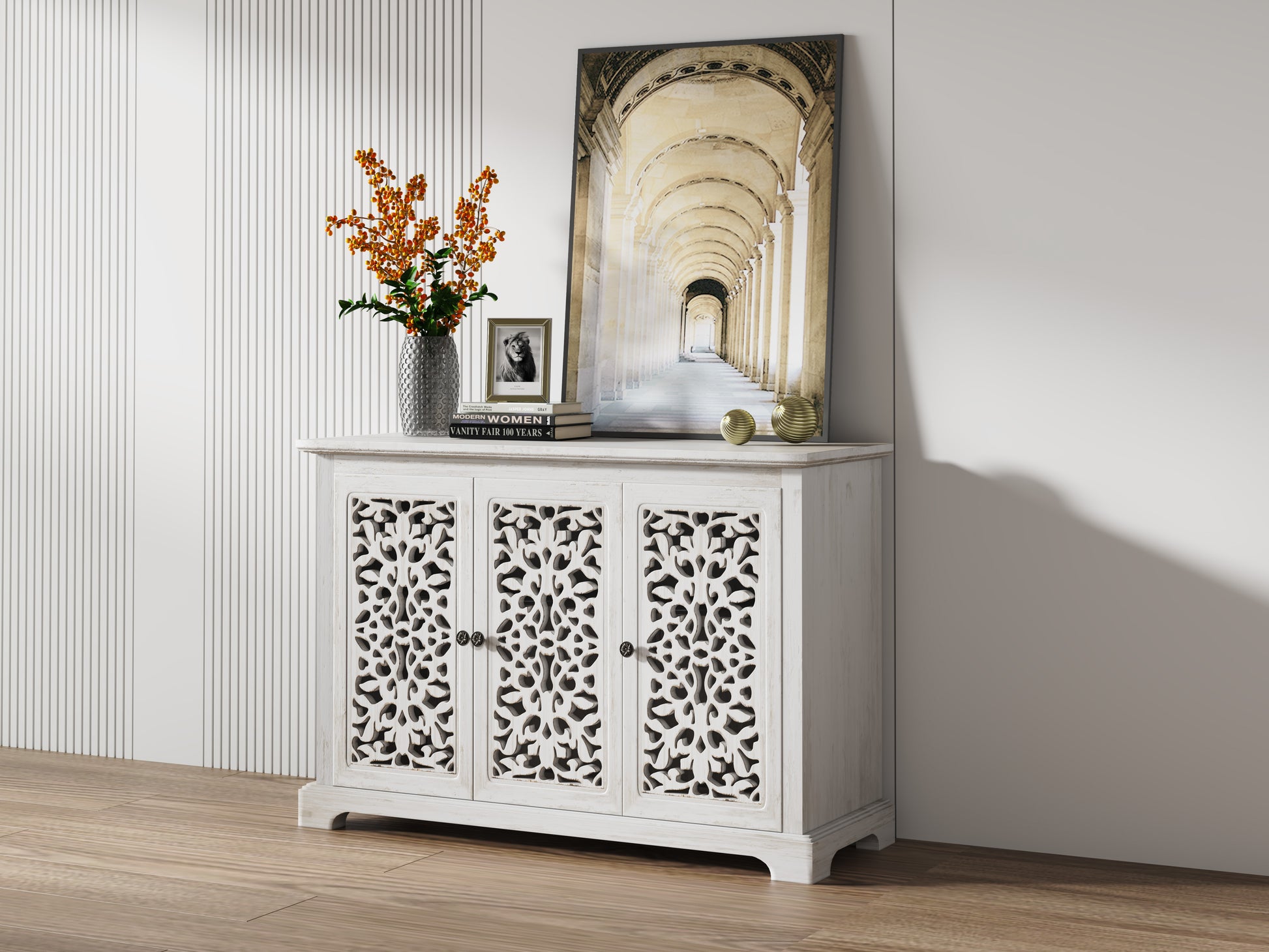 Antique White Solid Wood Storage Cabinet for Kitchen Dining Room