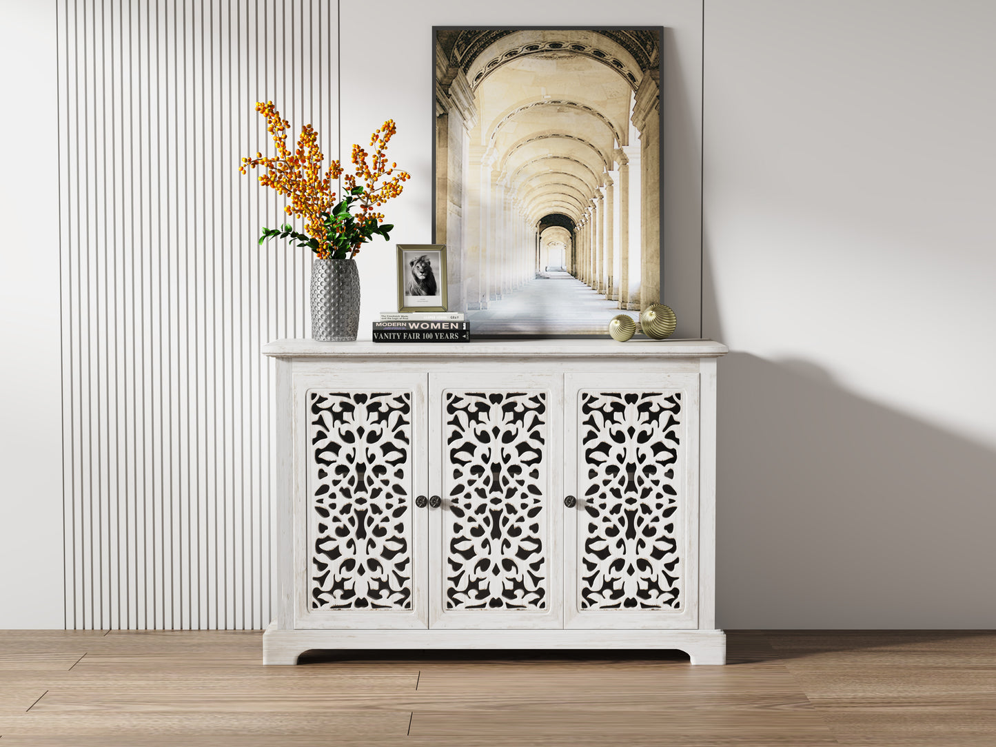 Antique White Solid Wood Storage Cabinet for Kitchen Dining Room