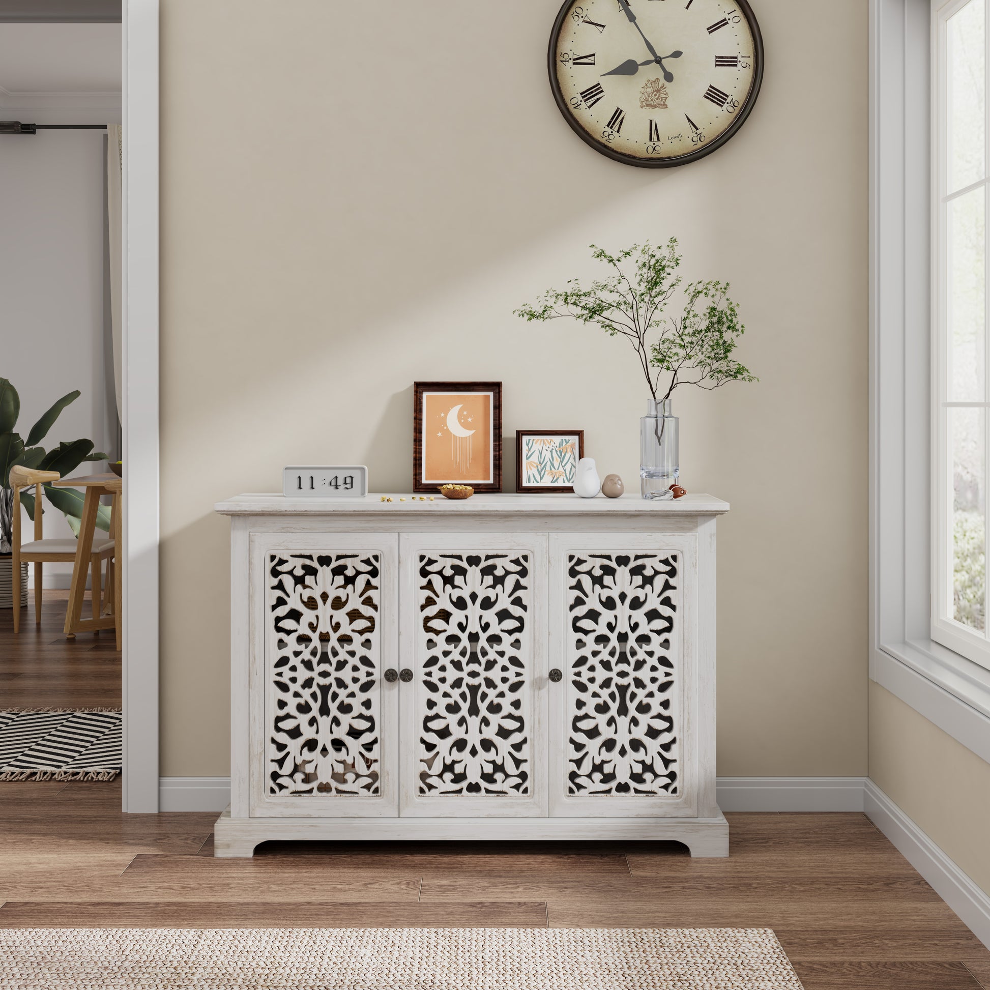Antique Sideboard Storage Cabinet, Vintage Accent Cabinet, 3 carving Doors Buffet Server Console Cabinet for Kitchen Dining Room Living Room Hallway