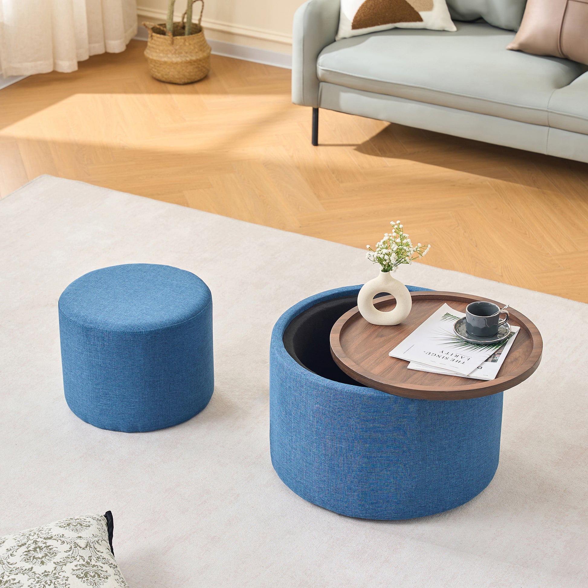 Ball & Cast Nesting Storage Ottomans of 2, Linen Upholstered Footstool w/Wood Tray, 22.75" Round Coffee Table & Bench, Blue