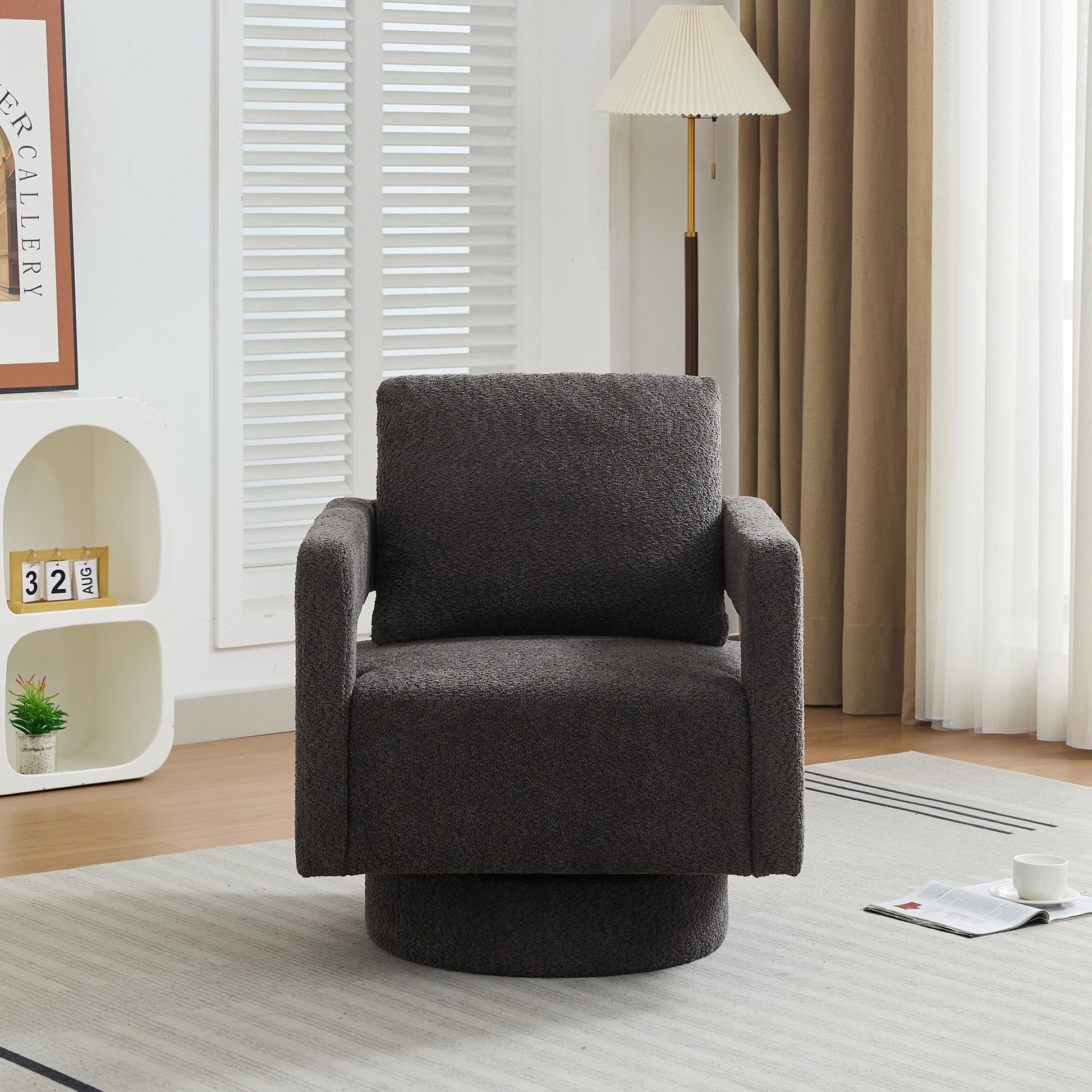 29.13" Charcoal Boucle Swivel Accent Chair - Hotel & Guest Room Ready