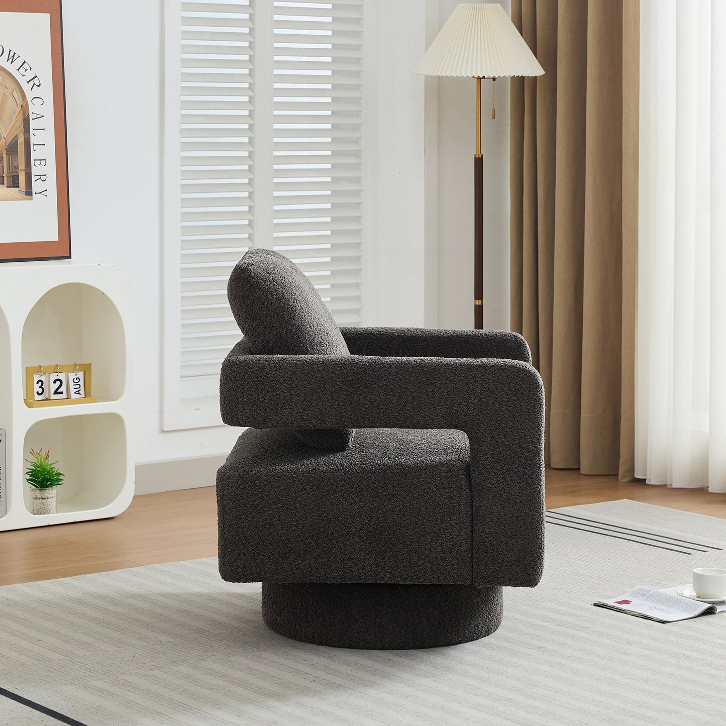 29.13" Charcoal Boucle Swivel Accent Chair - Hotel & Guest Room Ready