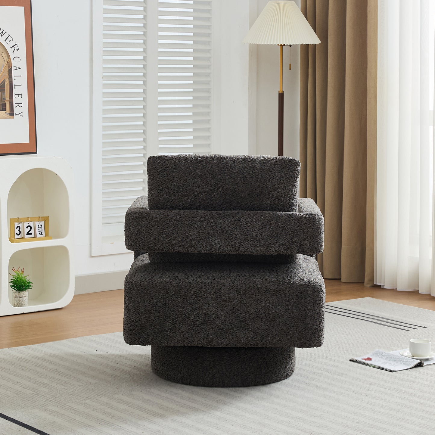 29.13" Charcoal Boucle Swivel Accent Chair - Hotel & Guest Room Ready