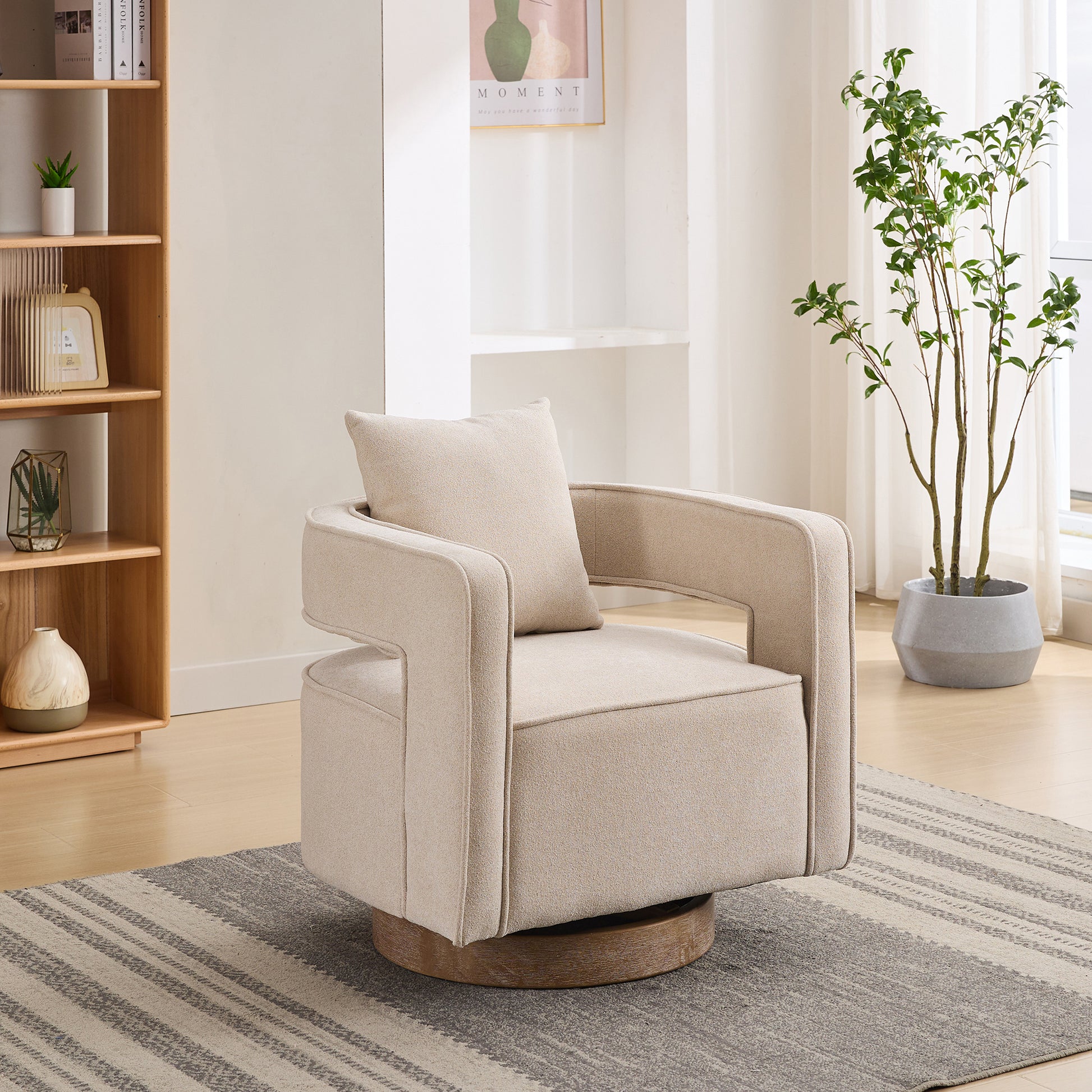 Beige Linen Blend Accent Chair - 28.94" Swivel Lounge Chair for Living Room