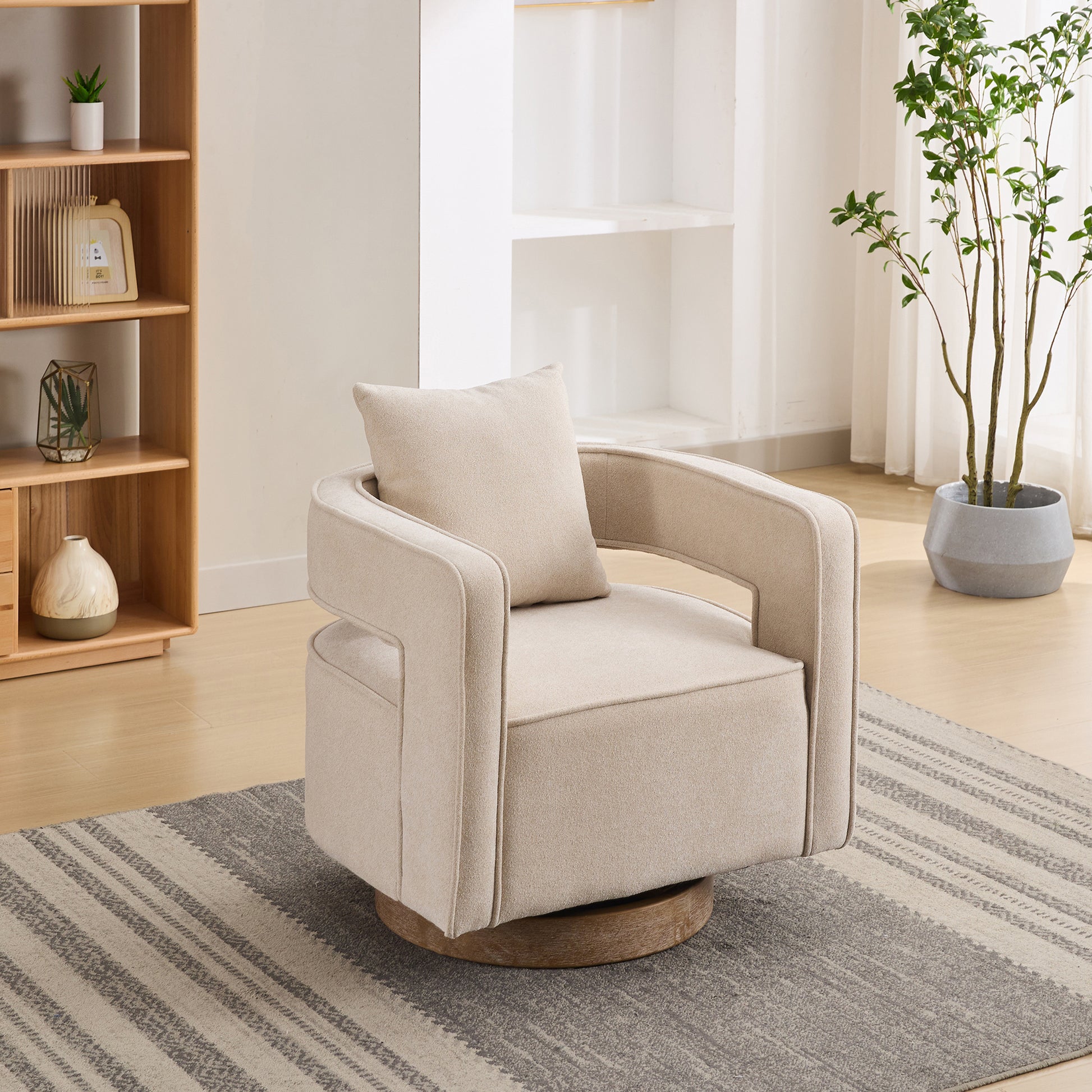 28.94"W Swivel Accent Open Back Chair Modern Comfy Sofa Chair With Weathered Base For Nursery Bedroom Living Room Hotel Office, Club Chair Leisure Arm Chair For Lounge (Beige,Linen Blend)