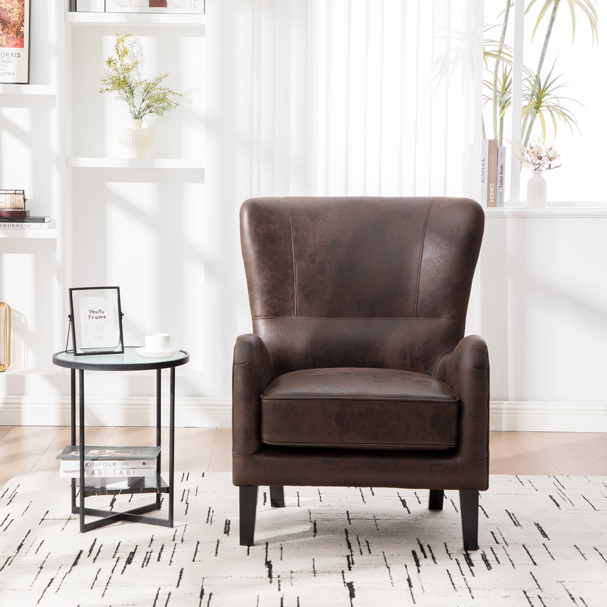 28"W PU High Back Accent Chair, Upholstered Armchair for Living Room, Retro Wingback Arm Chair ,Single Sofa Bedroom Reading Seat with Solid Wood Legs, Brown