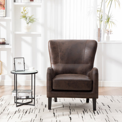 28"W PU High Back Accent Chair, Upholstered Armchair for Living Room, Retro Wingback Arm Chair ,Single Sofa Bedroom Reading Seat with Solid Wood Legs, Brown