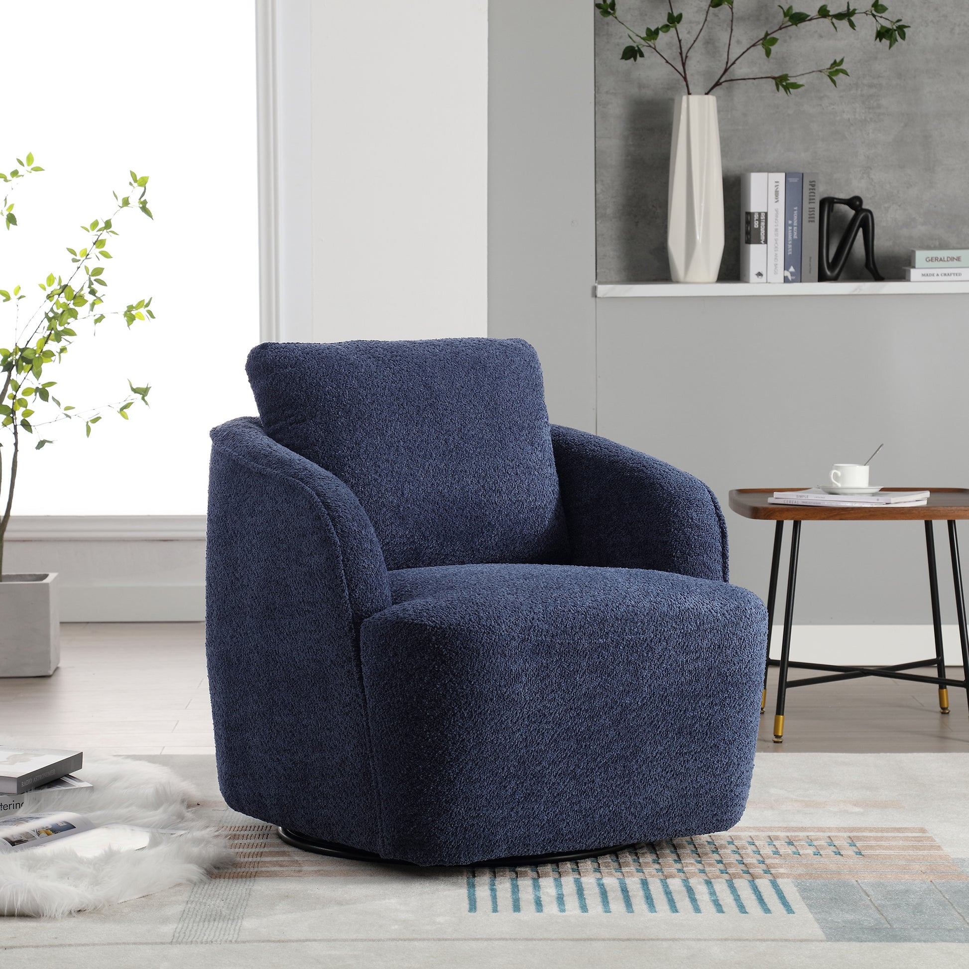 30.3"W Boucle Upholstered Swivel Accent Barrel Chair and Comfy Round Accent Single Sofa Chair, 360 Degree Club Bucket Chair, Lounge Armchair for Living Room Bedroom Nursery. Navy