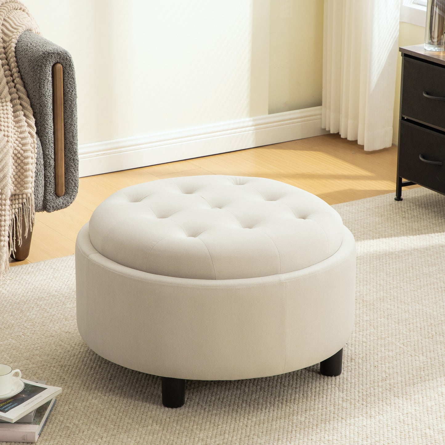 Living Room Beige Polyester Storage Ottoman - 29.33" Round Footstool with Fleece