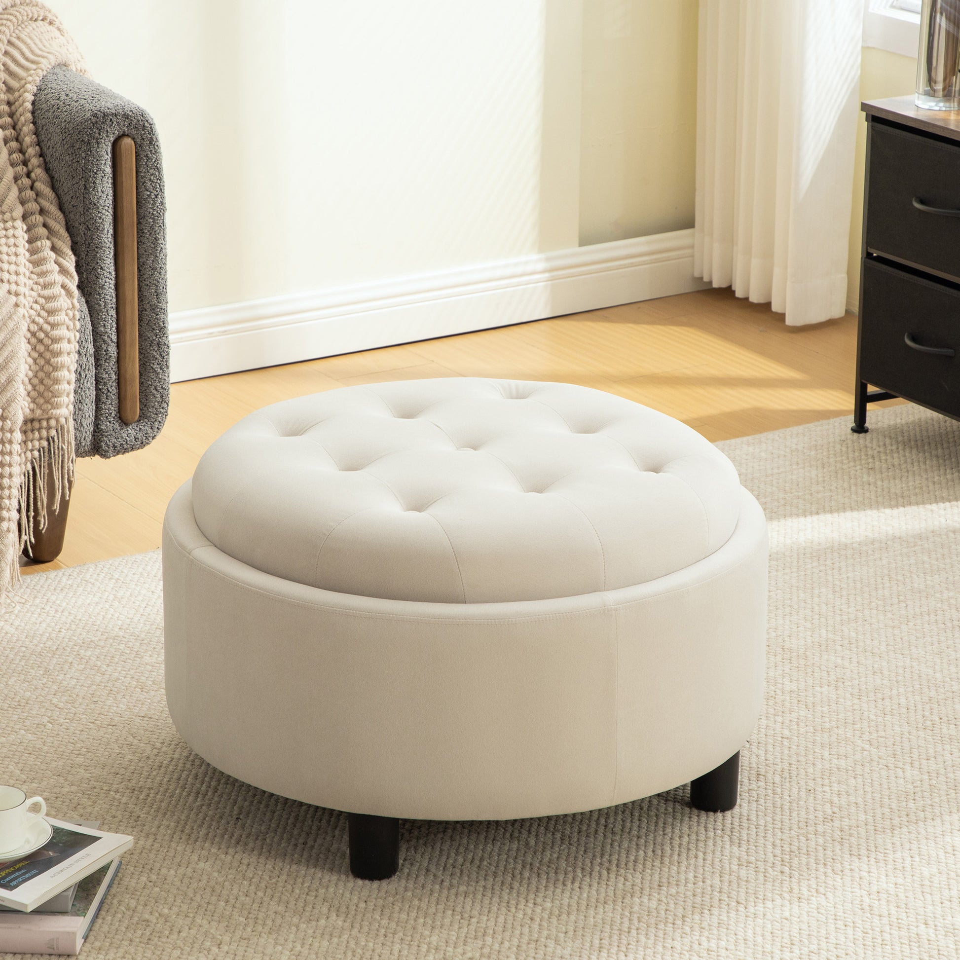 Living Room Beige Polyester Storage Ottoman - 29.33" Round Footstool with Fleece