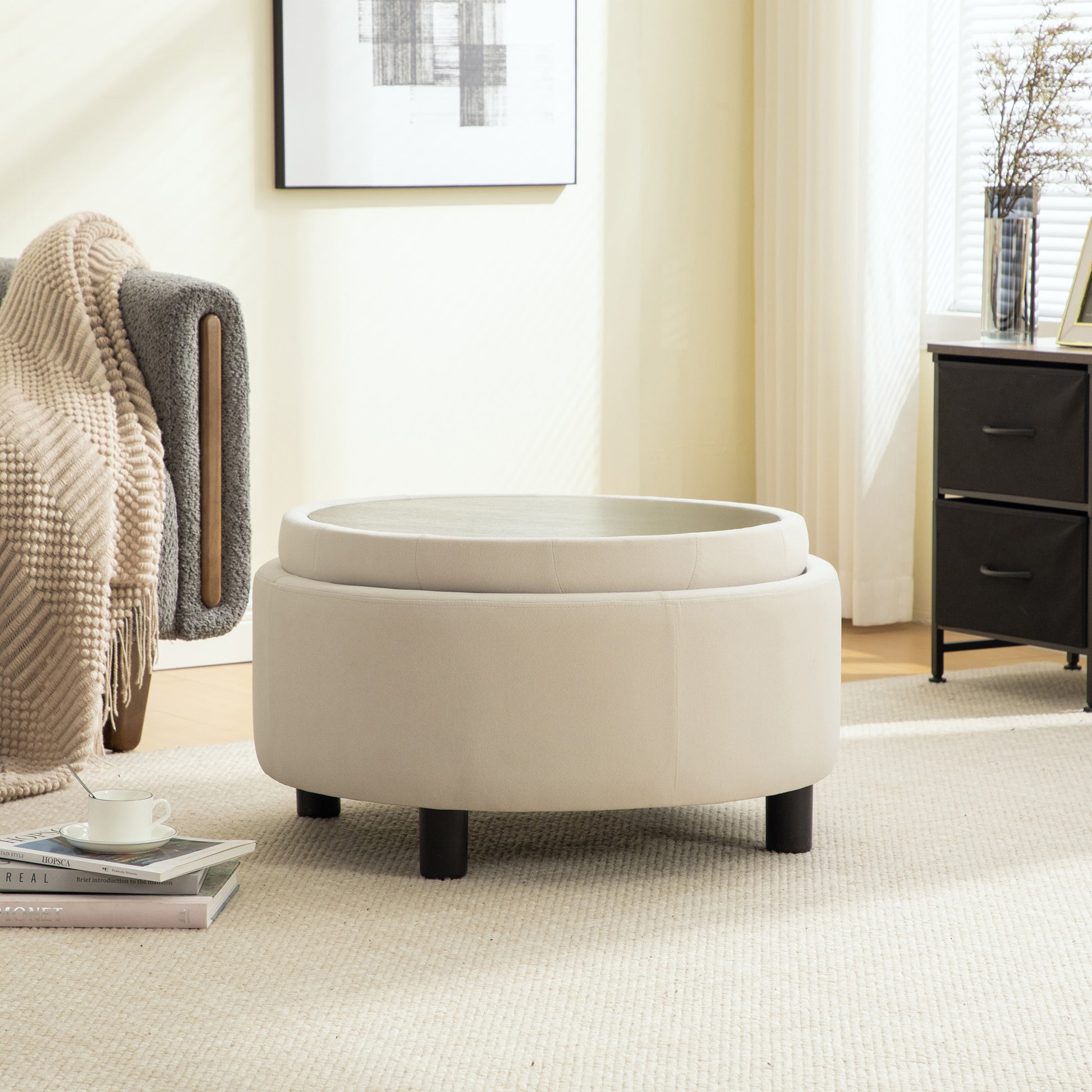 Living Room Beige Polyester Storage Ottoman - 29.33" Round Footstool with Fleece
